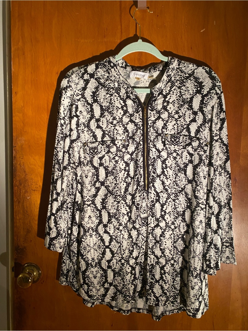 Calvin Klein snakeskin print half-zip blouse,